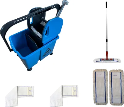 Produktbild von CleanSV Wischset blau 50 cm, Reinigungswagen 1 x 20 Liter Eimer (Teilbar), Presse, 1 Mophalter, 3 x Baumwollmop, 2 Microfasermop Teleskopstiehl