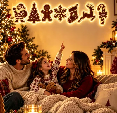 Produktbild von 7 Stück Wanddeko für Weihnachten mit Fernbedienung,Beleuchtete Weihnachtsdeko aus Holz (C)
