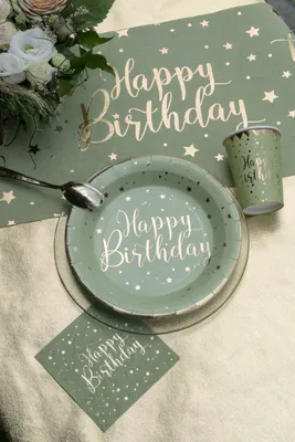 Produktbild von 10 Papp-Teller Geburtstag Happy Birthday salbeigrün gold