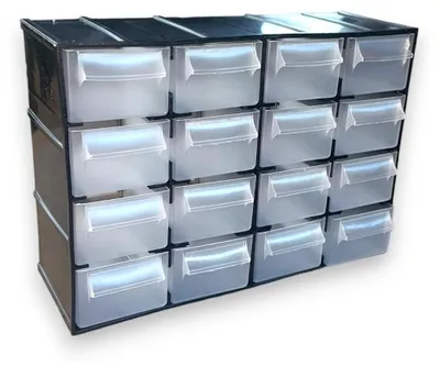 Zdjęcie produktu dla Sztaplowalny organizer z 16 szufladami do przechowywania drobiazgów, o wymiarach 22 x 8,5 x 15,6 cm
