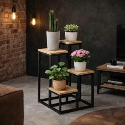 Zdjęcie produktu dla Kwietnik Stojący Podłogowy Metal Stojak Na Kwiaty Doniczki Loft 4 Półki