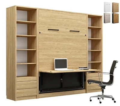 Produktbild von Schrankbett Wandbett Klappbett vertikal GN 140x200 mit Schreibtisch LED und 2 Regalen Eiche geölt