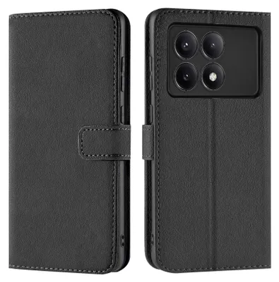 A black flip case for a smartphone, shown from the front and back.