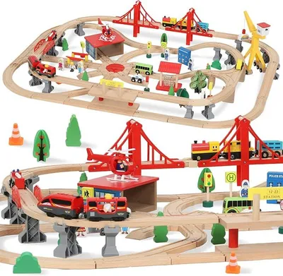 Imagen del producto de Juego de tren de madera con 133 piezas, que incluye una locomotora eléctrica, ideal para niños pequeños