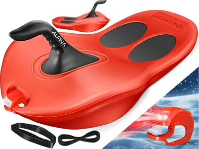 A collage of images showing a red KESSER Bob Schneebob Alpina sled with black handle and accents, along with accessories and a depiction of it in use on snow.