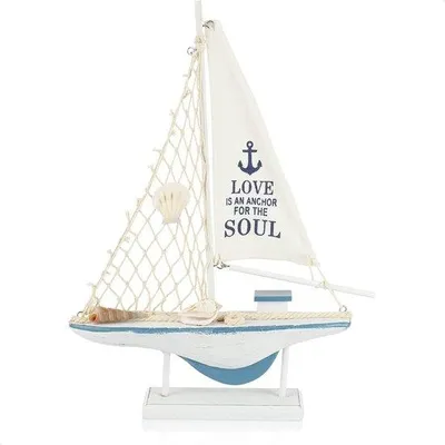 Image de Unyqoos® Bateau de décoration maritime – Bateau en bois avec voile en lin, ornements en coquillages et filet de pêche, 1 pièce, socle de 25 x 5 x 35 cm, blanc/bleu/beige