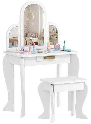 Imagen del producto de Mesa de maquillaje para niños – Ideal para niñas y niños de 3 a 6 años – Con taburete – Con espejo – Con cajón – Fabricada en MDF – Color blanco