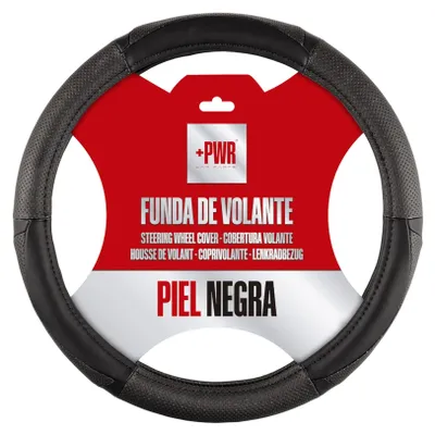 Obrázok produktu pre Poťah na volant značky +PWR Car Parts, vyrobený z čiernej koženky, univerzálny, vhodný na väčšinu volantu