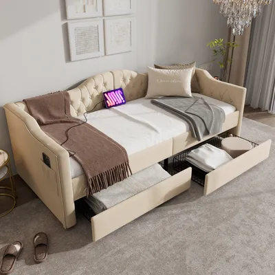 Produktbild von Wielofunkcyjne łóżko tapicerowane z portami USB i ładowania typu C, dwiema szufladami i eleganckim designem, aksamitne, w kolorze beżowym, 90x200 cm