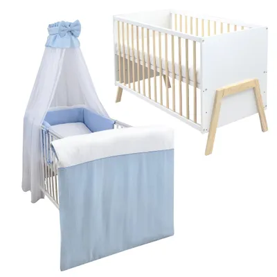 Produktbild von Babybett Kinderbett Gitterbett Juna 60x120 Weiß Schutzgitter Matratze Bettwäsche Set 10tlg Musselin Blau
