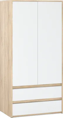 A front view of a two-door wardrobe with two drawers at the bottom, set against a white background.