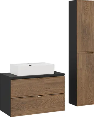 Image de Armoire De Salle De Bain 80 Cm En Chêne Noir Avec Lavabo Et Colonnes