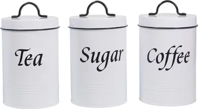 Three white storage canisters labeled 'Tea', 'Sugar', and 'Coffee' are arranged side-by-side against a white background.