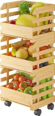 Image de Étagère en bambou à 3 niveaux, avec roulettes, empilable, pour le rangement des fruits et légumes