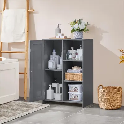 Produktbild von Yaheetech Badschrank Midischrank, mit verstellbarer Einlegeboden, Tür & 3 offenen Ablagen, Aufbewahrungsschrank für Badezimmer Flur Küche, Dunkelgrau