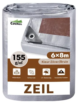 Productafbeelding van Afdekzeil 6 x 8 m 155 g/m² – Zwaar Waterdicht, UV-Bestendig, Zilver/Bruin