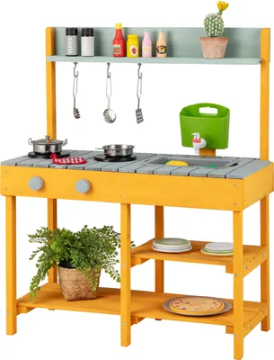 Immagine prodotto di COSTWAY cucina del fango, cucina da gioco per bambini con serbatoio dell'acqua rimovibile, lavello rimovibile, 3 ganci e 3 ripiani aperti per bambini 3+
