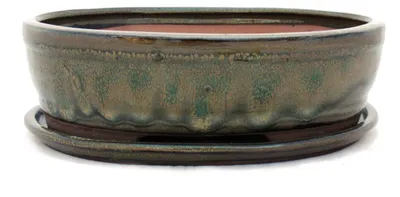 Obrázek produktu pro Bonsajová miska s podšálkem Velikost 4 - Olivově hnědá - oválná - Model O7 - D 26cm - Š 21cm - V 7,5cm