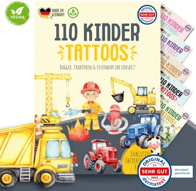 Produktbild von MeinBaby123® 110 hautfreundliche Hauttattoos für Kinder, Bagger Feuerwehr & Bauernhof Tattoos, Geschenk Kinder, Mitgebsel Kindergeburtstag (Fahrzeuge)