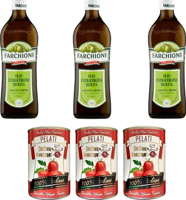 Three bottles of olive oil and three cans of tomatoes are arranged in two rows against a white background.