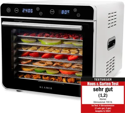 Produktbild von KLAMER Premium Dörrautomat XL 700W, 24h-Timer und 35-80°C Temperaturregler, 8 extra große Einlegefächer aus Edelstahl, Trockner aus Edelstahlgehäuse