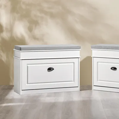 Produktbild von SoBuy Schuhbank mit Sitzkissen Stauraum Schuhschrank mit Klappe, Schuhregal schmal platzsparende Sitzbank mit Stauraum für Flur, Wohnzimmer FSR82-L-WG