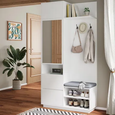 Produktbild von Merax Kompaktgarderobe Garderobenschrank mit Spiegel und Sitzbank, Flurmöbel-Set mit Schuhregal, Schuhschrank mit Schubladen und Haken, Weiß
