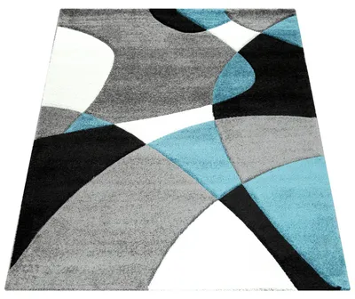 Produktbild von Designer Teppich Modern Geometrische Muster Konturenschnitt In Türkis Grau Schwarz Grösse 200x290 cm
