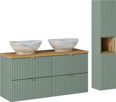 Produktbild von Doppelwaschtisch und Hängesäule 120.4cm Jade mit 4 Schubladen, Grün und Holzoptik