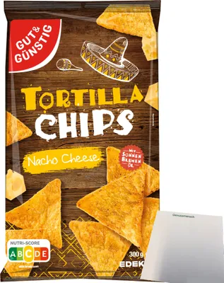 Produktbild von Gut & Günstig Tortillachips Cheese Mais-Chips mit Käsegeschmack (300g Packung) + usy Block