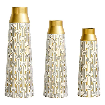 Produktbild von Goldene Bodenvasen 3er Set, Moderne Metallvasen mit geometrischem Muster, Große Dekovasen 42/51/60,5cm für Wohnzimmer & Trockenblumen