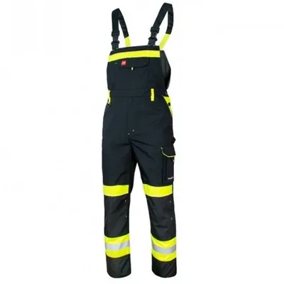 A pair of black and yellow overalls is shown against a white background.