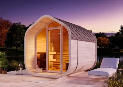 Produktbild von FinnTherm Fasssauna ScandiCube Wave Comfort  L 205 x B 217 x H 233 cm, Außensauna mit Glasfront inkl. Dacheindeckung für 4 Personen aus naturbelassenem Holz