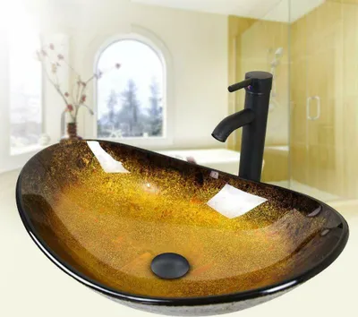 Produktbild von Puluomis Waschbecken Glas Aufsatzwaschbecken Waschschale Oval mit Wasserhahn Ablaufgarnitur Schwarz  Gelb Gold