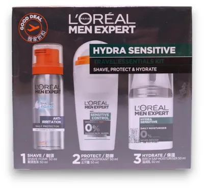 Image de Coffret L'Oréal Paris : Men Expert. Crème hydratante et régénérante pour le visage, sans alcool, pour homme, 50 ml (jour et nuit) + Déodorant anti-transpirant roll-on pour homme, sans alcool, 50 ml + Mousse de rasage pour homme, à la glycérine, anti-irritations, 50 ml
