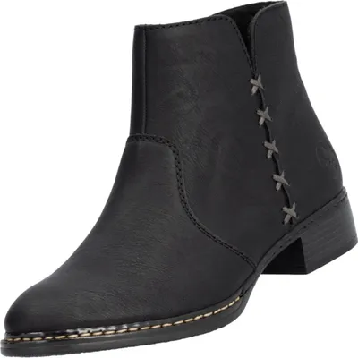 A black leather ankle boot is shown against a white background.