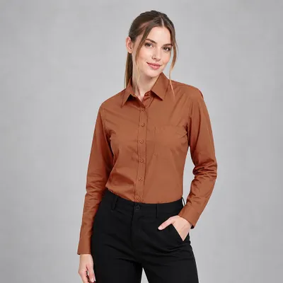 Produktbild von Damen Bluse langarm, mittelbraun, Größe 46 : 46 : mittelbraun : 60% Baumwolle 40% Polyester, KI-generiertes Bild