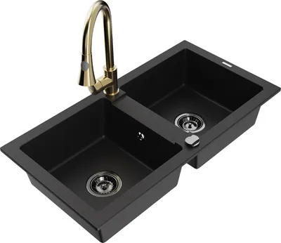 Produktbild von Mexen Mario 2-Becken-Granitspüle mit Mischbatterie Elia, Schwarz - 6504-77-670101-50-B