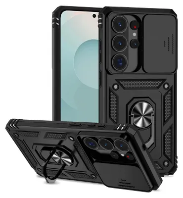 Immagine prodotto di Custodia per Samsung Galaxy S26 Ultra custodia a doppio strato con copertura scorrevole per fotocamera e supporto ad anello nero