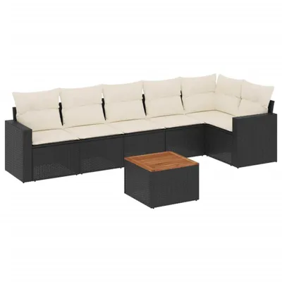 Produktbild von 7-tlg. Garten-Lounge-Set, modulares Sofa-Set mit Tisch, wetterfestes Poly Rattan, Akazienholz-Tischplatte, Cremeweiße Kissen, Schwarz