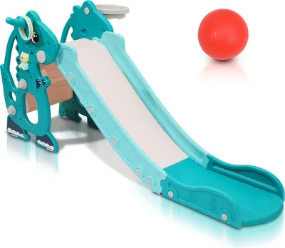Obrázok produktu pre Jopassy detská šmykľavka 4 v 1 detská šmykľavka 142 cm detské ihrisko skladacie s basketbalovým košom hádzací krúžok Anglická učebná pomôcka zelená