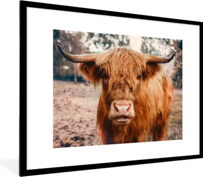 Produktbild von MuchoWow® Gerahmtes Poster Kuh - Schottischer Hochländer - Hörner - Braun - Landschaft 80x60 cm - Poster mit Schwarzem Bilderrahmen Wandposter Rahmen Foto Bilder - Schlafzimmer-Dekorationen - Fotoposter
