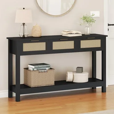 Productafbeelding van Console tafel, smal, hout en rotan, bijzettafel voor hal met 3 lades, entree tafel met open vak, smalle salontafel voor woonkamer, boho console tafel voor hal, foyer, entree, 120 x 30 x 80 cm, zwart