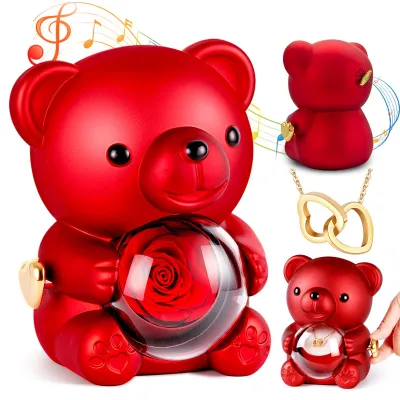 Muzikbär mit ewiger Rose und Halskette, Geschenkbox, rot