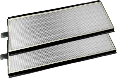Two air filters are stacked on top of each other, presented against a white background.