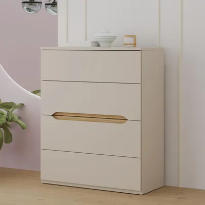 Produktbild von Forte EDWAL Kommode 95, moderne Kommode mit abgerundeten Griffmulden, 4 Schubladen, Holzwerkstoff, Kaschmir | Beige Holzdekor, 95,1 cm breit x 114,7 cm hoch x 41,5 cm tief