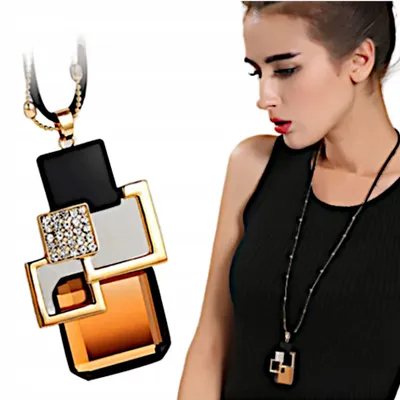 Produktbild von Lange Halskette „Herbst“ – Goldbraun, Quadrate, Zirkonia, Kette, Lederband