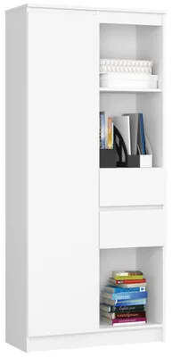 Produktbild von Schrank Büroregal Bücherregal Regal weiß 80cm breit 180cm hoch, mit Tür und 2 Schubladen mittig