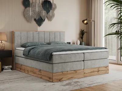 Produktbild von MKS MEBLE King Boxspringbett 180x200 mit Bettkasten Eiche, Polsterbett 180x200 mit Matratze H4, Bett 180x200 mit Rahmen in Wotan Eiche und Kopfteil - Hellgrau Struktur - Bellissimo King