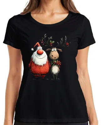 Produktbild von Lustiger Weihnachtsmann und Rentier Cartoon Weihnachten Geschenk Damen T-Shirt, Schwarz, S